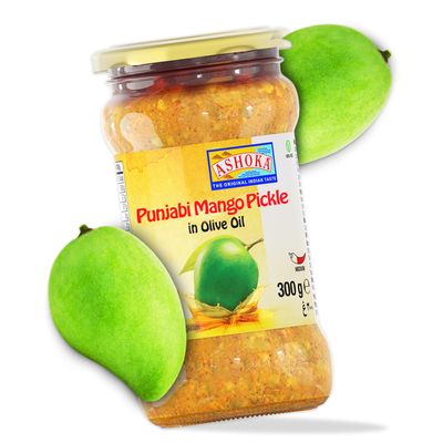 Ashoka 1932 | All Natural | Indian Pickle | Premium Olive Oil | Mango Pickle | Vegan | Kosher Certified | Pickle Relish | Great for Seasoning | North Indian Snacks | 300 Grams (Pack of 1)
