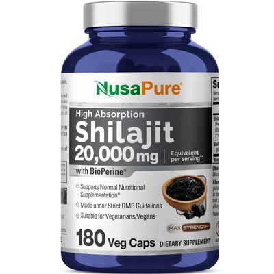NusaPure Shilajit 20,000mg per Serving, 180 Veggie Caps, Non-GMO, Gluten Free, Bioperine