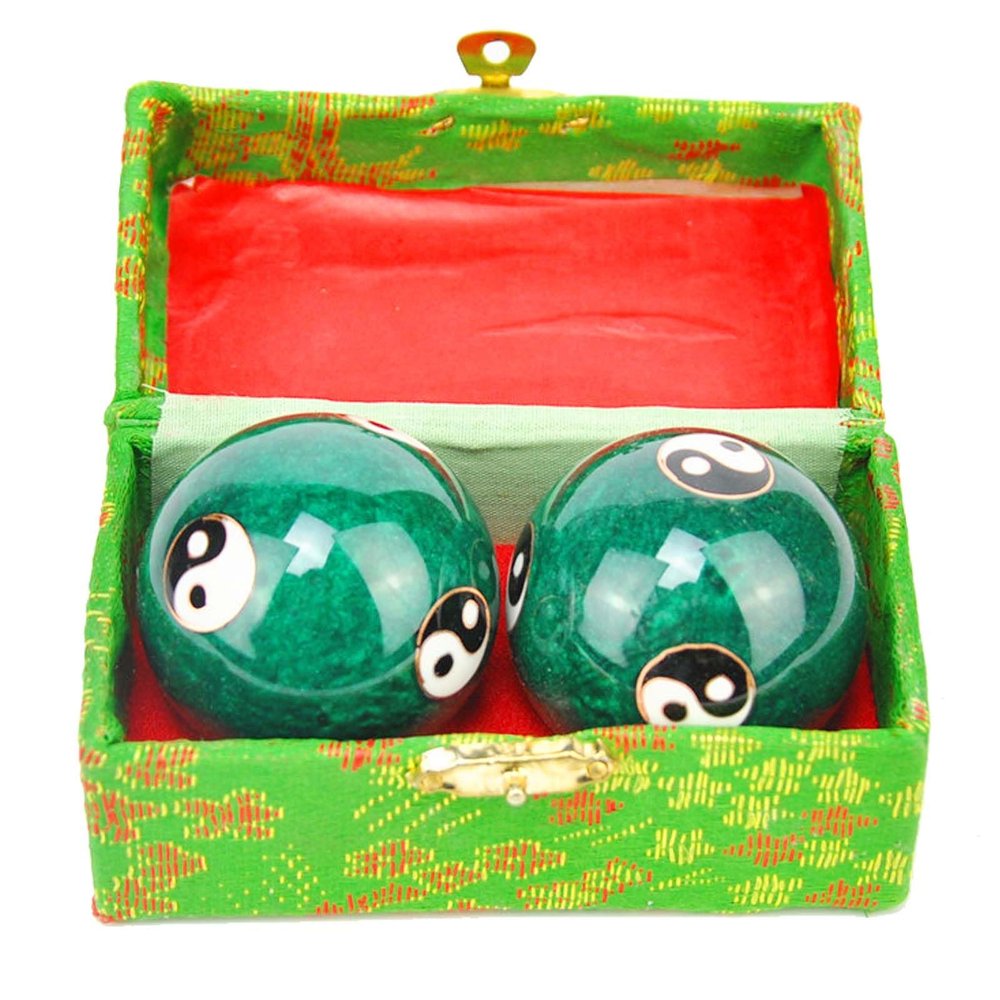 1.85'' Cloisonne Health Hand Balls Yin-Yang Chinese Meditation Baoding Feng Shui Healthy Exercise Stress Balls with Gift Box, Natural Enamel Cloisonne Craft (2PCS/Green)