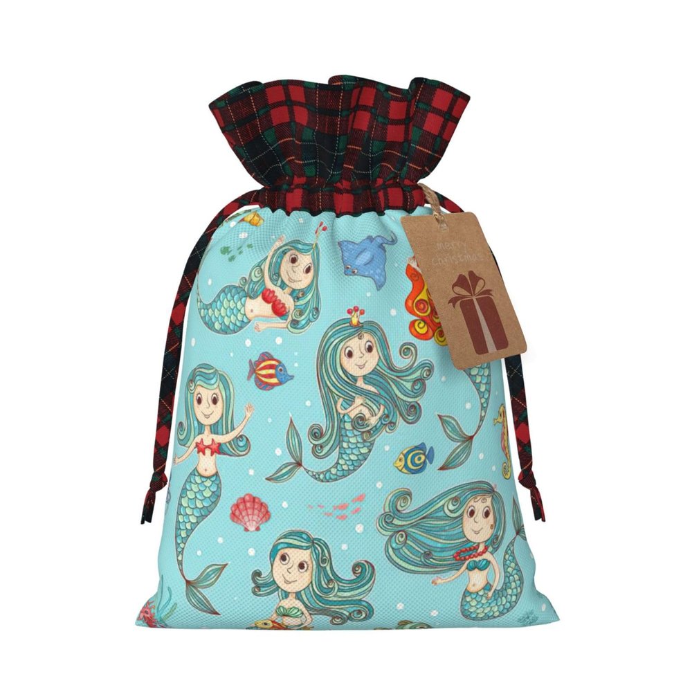 WURTON Marine Sea Life Print Xmas Drawstring Gift Bags Christmas Wrapping Bags For Party Christmas Holiday Bag