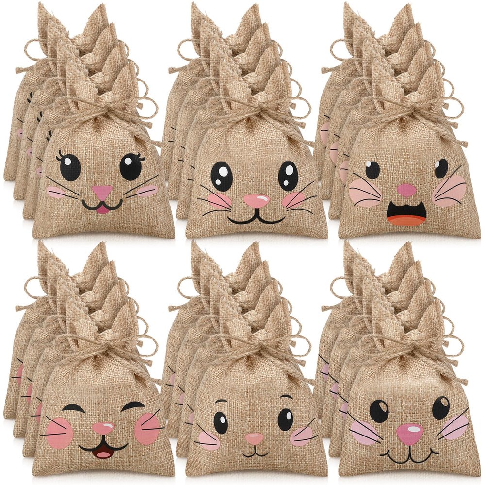 Wovnet 36 Pcs Easter Burlap Bags for Kids Bulk 4'' x 6'' Easter Treat Sacks Bags with Drawstring Rabbit Ear Cute Bunny Goodie Gift for DIY Project Basket Candy Party Favor Hunt Stuffer