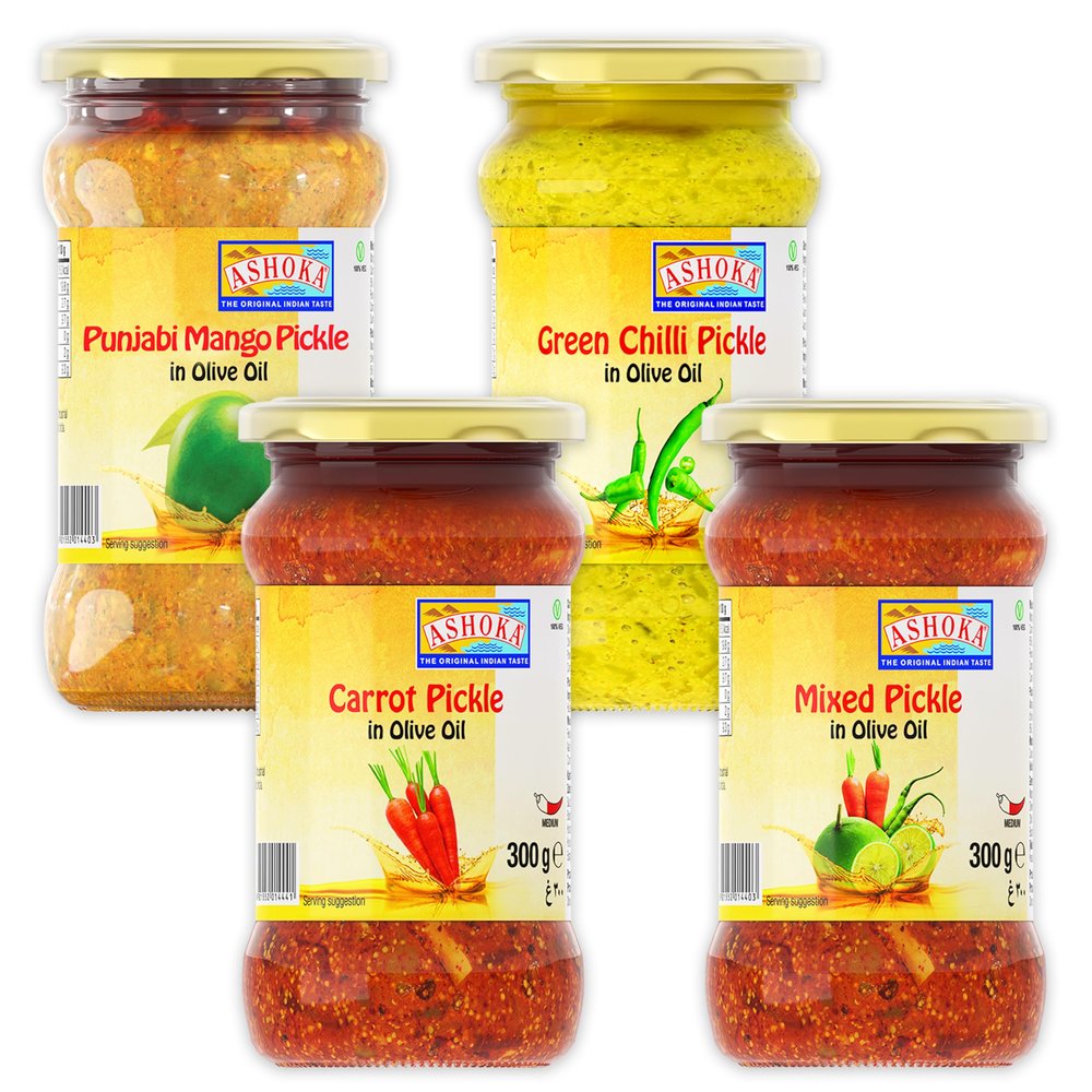 Ashoka 1932 | All Natural Pickle in Olive Oil | Traditional Indian Achaar | Pickle Sampler | Popular Indian Condiment | Medium Spiced | Vegan | Kosher Certified | Pack of 4