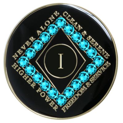 1 Year NA Style Clean Time Medallion Aqua Zircon Crystal Black Tri-Plate Chip
