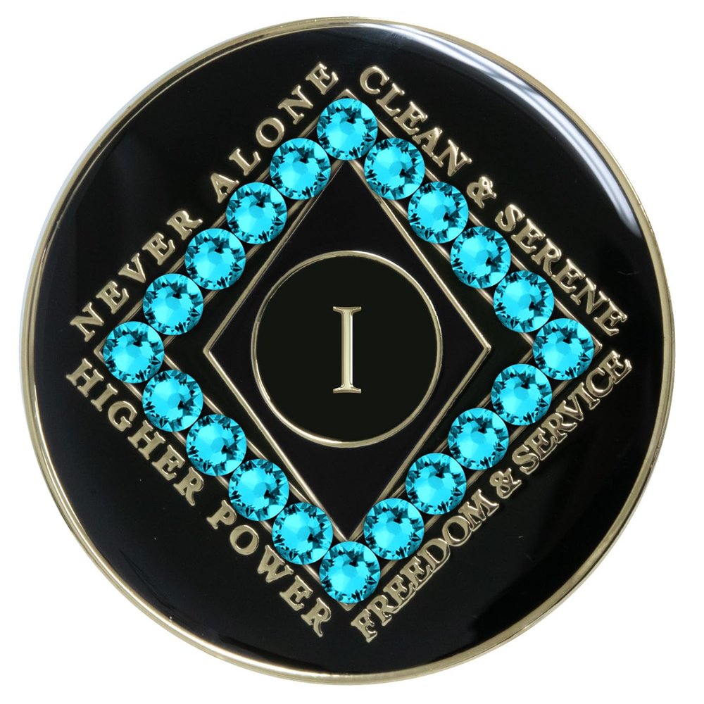 1 Year NA Style Clean Time Medallion Aqua Zircon Crystal Black Tri-Plate Chip