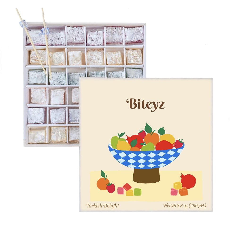 Biteyz Original Turkish Delight, Vegan Candy Gift Box - Assorted Gourmet Fruit Snacks with Lemon, Apple, Orange, Pomegranate, and Raspberry Flavors, 36 Pieces of Luxury Handmade Vegan Treats
