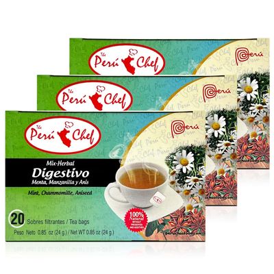 3 Cajas de Peruchef Te Digestivo Mezcla de Hierbas (Menta, Camomila, Ans) 20 Sobres | 3 Boxes of 20 Bags of Digestive Mix-Herbal (Mint, Chamomile, Anise) Tea from Peru 0.71 oz