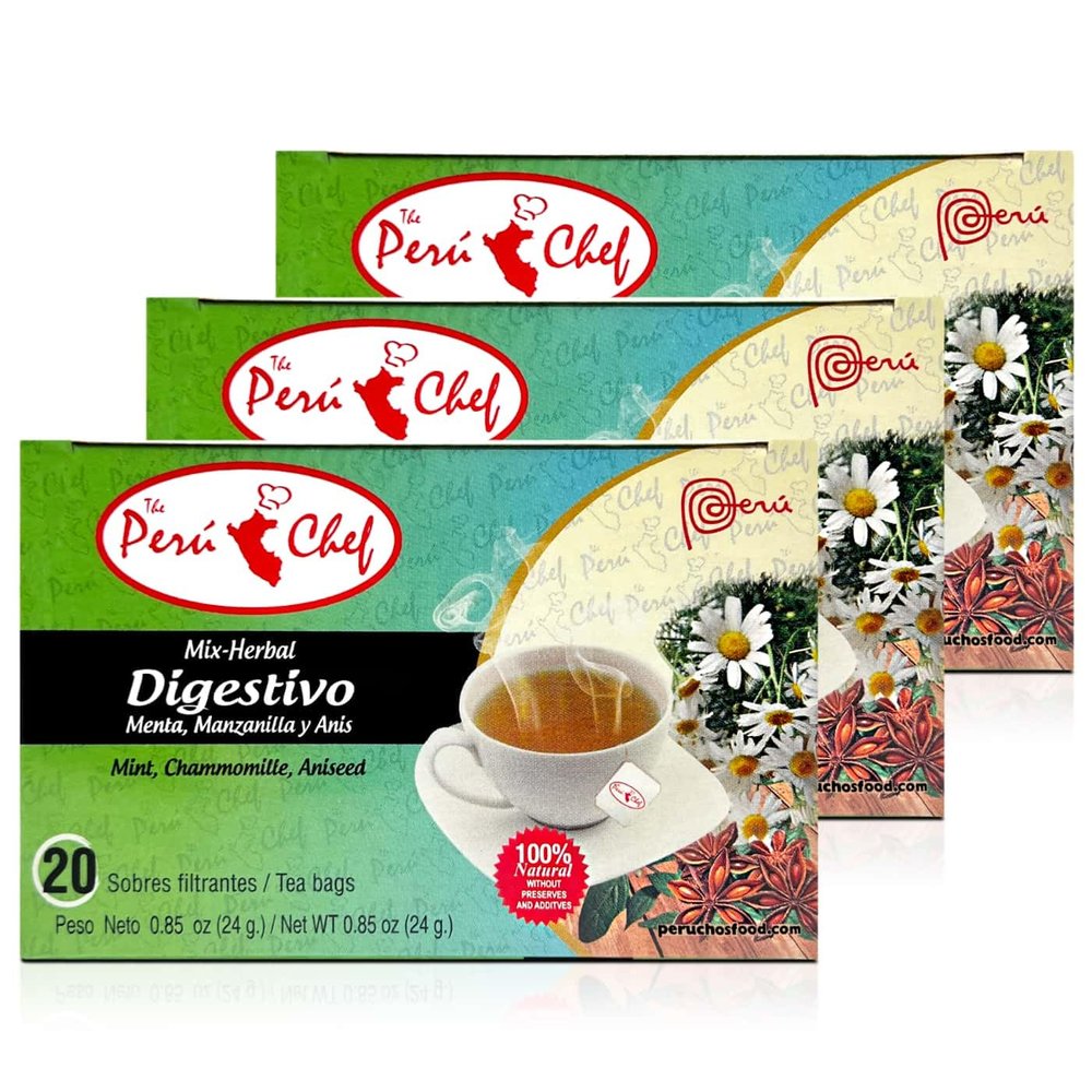 3 Cajas de Peruchef Te Digestivo Mezcla de Hierbas (Menta, Camomila, Ans) 20 Sobres | 3 Boxes of 20 Bags of Digestive Mix-Herbal (Mint, Chamomile, Anise) Tea from Peru 0.71 oz