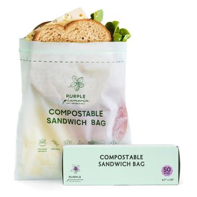 100% Compostable Resealable Food Storage Bags Biobased, Leak-Proof, Freezer-Safe Extra Strong & Durable Available in Gallon, Snack & Sandwich Sizes (Sandwich) (50 Count)