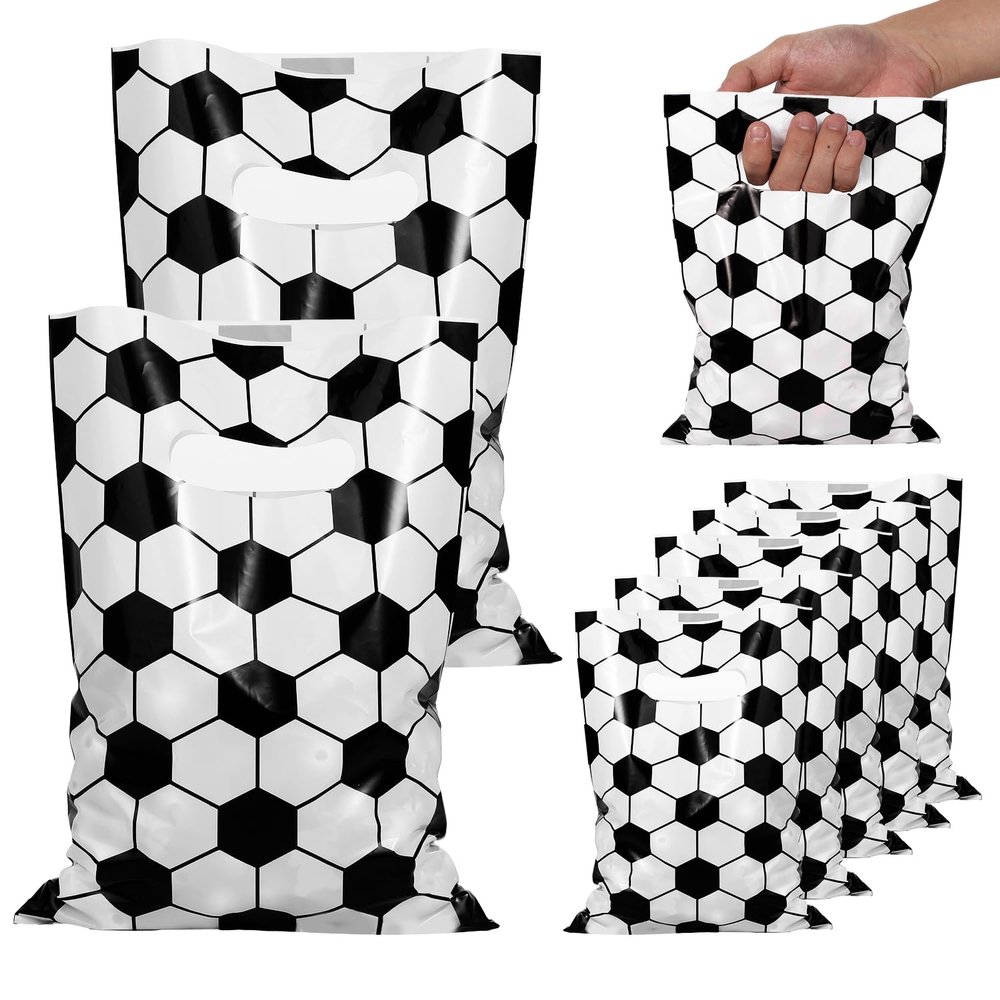 50pcs Soccer Gift Bags, Plastic Soccer Party Bags Sport Candy Goodie Snack Treat Bags Present Bag Football Pouch Party Theme Favor Decor Supplies for Kids Teens Games Sports Events Decorations