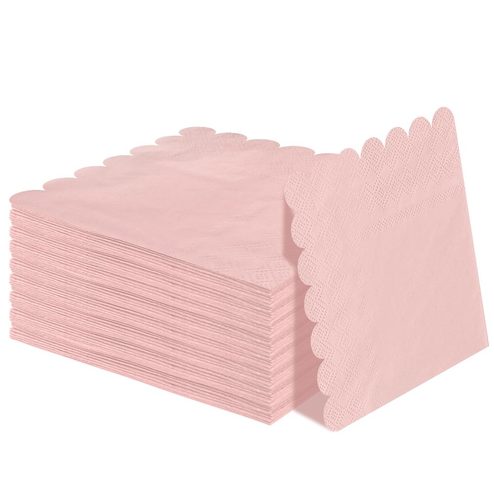 50 Pieces 3-ply Light Pink Napkins Disposable Folded 5 x 5 Inches Scalloped Cocktail Napkins Paper Napkins for Dinner Wedding Birthday Party Pink Dessert Napkins