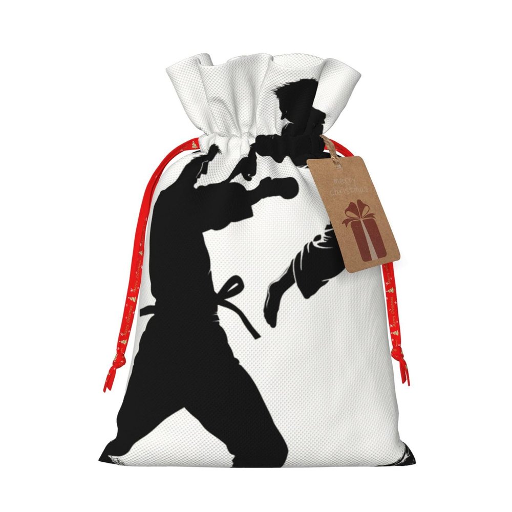 Dwrepo Kickboxing Print Christmas Gift Bag Burlap Reusable Drawstring Bags Xmas Favor Sack Gift Wrapping Bags For Holiday Wedding Christmas New Year'S Day Small