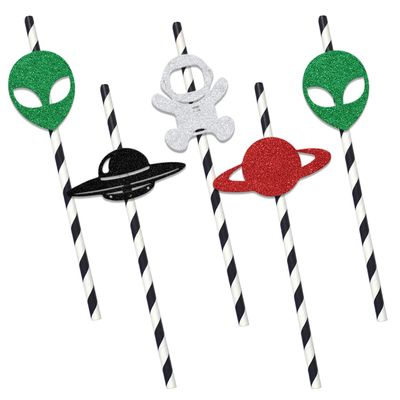 24Pcs Space Astronaut Straws Space Themed Birthday Party Decorations Space Paper Straws Decor Astronaut Baby Shower Party Decor Planet Baby Anniversary Party Supplies Black Red