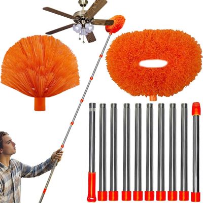 20+ Feet High Reach Dusting Kit, Cobweb Duster & Ceiling Fan Duster with 3-14 ft Extension Pole for Cleaning, Microfiber Feather Duster Cleaner for Cleaning Walls Bookshelves Furniture Door Window