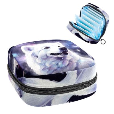 RODAILYCAY Sanitary Napkin Storage Bag, Zipper Period Pouch for Teen Girls Women, Portable Menstrual Tampons Collect Bags Polar Bear in Starry Sky