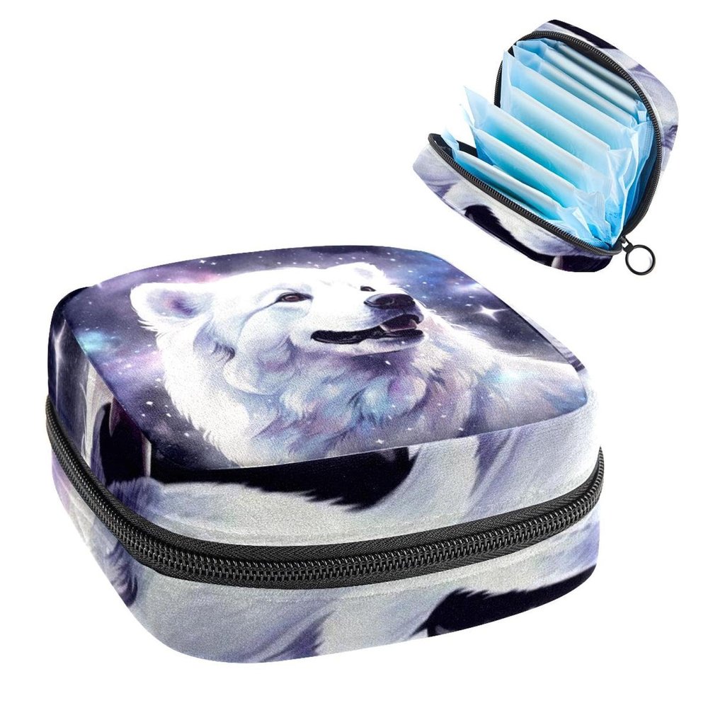 RODAILYCAY Sanitary Napkin Storage Bag, Zipper Period Pouch for Teen Girls Women, Portable Menstrual Tampons Collect Bags Polar Bear in Starry Sky