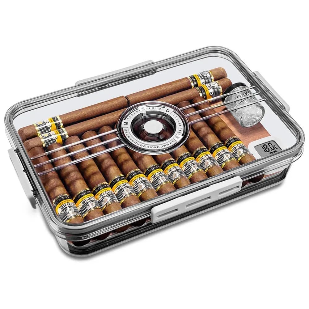 JJoias Transparent Cigar Storage Box, Cigar Humidor, Desktop Cedar Wood Storage Box with Digital Thermometer, Constant Humidity Portable Cigar Humidor,S