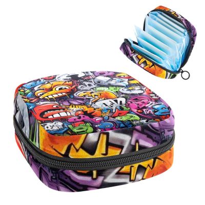 RODAILYCAY Sanitary Napkin Storage Bag, Zipper Period Pouch for Teen Girls Women, Portable Menstrual Tampons Collect Bags Graffiti