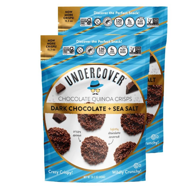 Undercover Chocolate Quinoa Crisps - Dark Chocolate + Sea Salt Quinoa Crisps | 2-Pack, 15.3oz Club Size Bags | Gluten Free, Nut-Free, Allergen Friendly, Kosher, Plant-Based