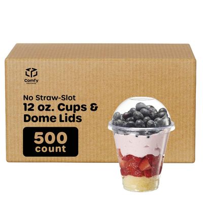 Comfy Package [Case of 500 12 oz. Clear Plastic Cups With Dome Lids (No Hole), Fruit Cups with Lids for Party - Perfect for Smoothies, Milkshakes, and To-Go Beverages