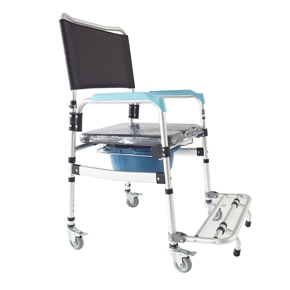 EQCOTWEA Mobile Shower Chair 3 in 1 Commode Toilet Wheel Chair 330lbs Transport Beside Bathroom Waterproof Shower Wheelchair with Detachable Bucket and Brakes Height Adjustable