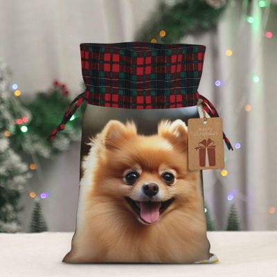 Kururi Christmas Gift Bags With Drawstring Pomeranian Dog Print Burlap Gift Bags Christmas Linen Treat Sacks Gift Wrapping Bags Xmas Holiday Party Favors Bags