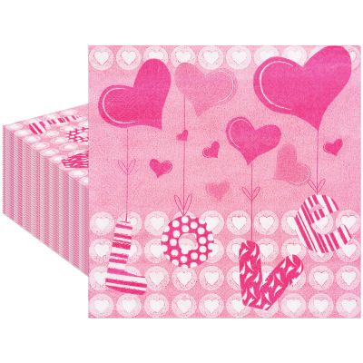 40 Count Pink Heart Napkins - 13 x 13 Inches Disposable Paper Napkins with Assorted Heart Designs for Valentine's Day, Romantic Dinners, Wedding Receptions, Engagement Parties Tableware Decorations