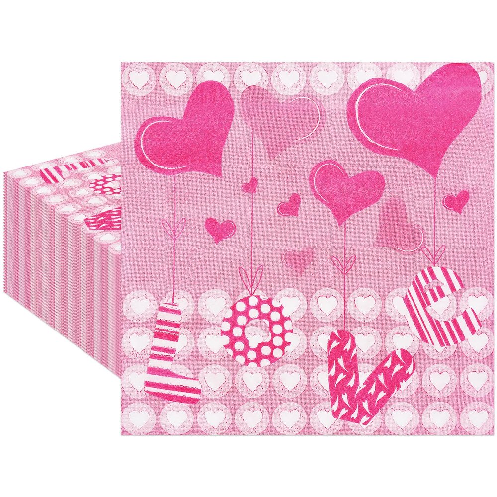 40 Count Pink Heart Napkins - 13 x 13 Inches Disposable Paper Napkins with Assorted Heart Designs for Valentine's Day, Romantic Dinners, Wedding Receptions, Engagement Parties Tableware Decorations