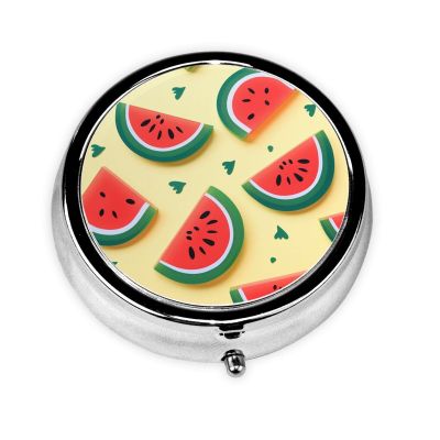 Summer Watermelon1 Print Pill Box 3 Compartment Small Pill Case with Mirror Pill Organizer for Outdoor Travel Pocket Purse