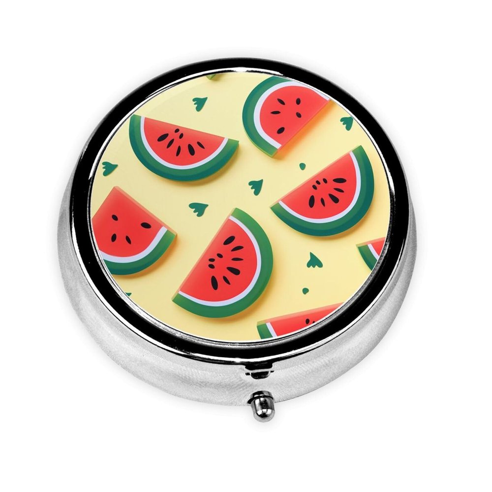 Summer Watermelon1 Print Pill Box 3 Compartment Small Pill Case with Mirror Pill Organizer for Outdoor Travel Pocket Purse