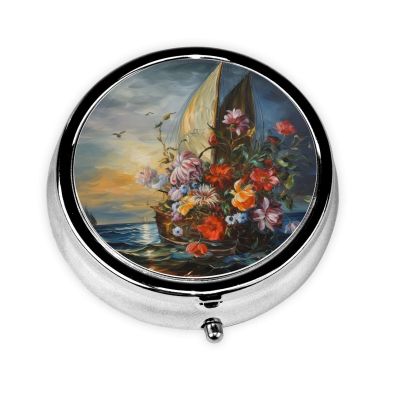 Artwork Print Pill Box 3 Compartment Small Pill Case with Mirror Pill Organizer for Outdoor Travel Pocket Purse