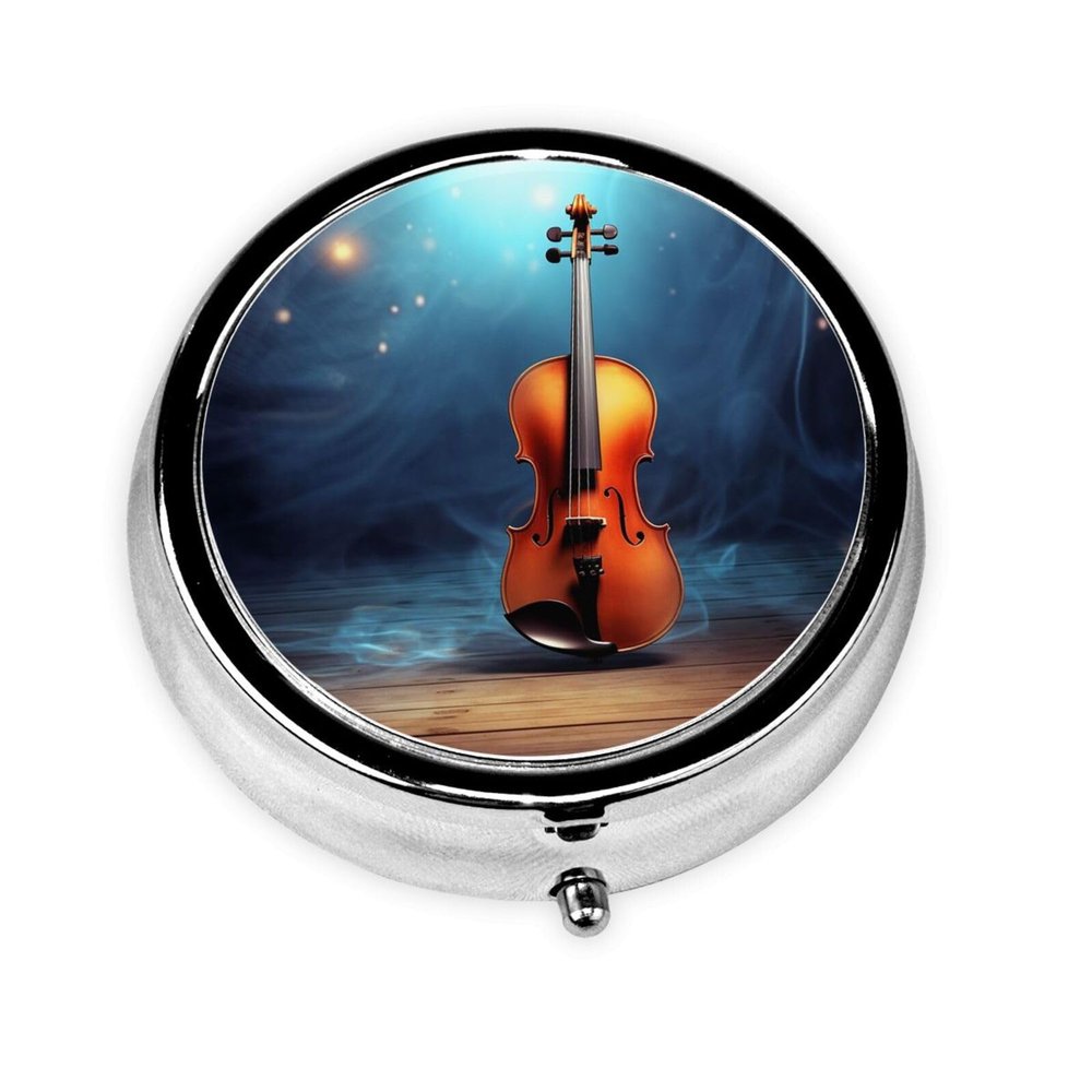 Violin Poster Print Pill Box 3 Compartment Small Pill Case with Mirror Pill Organizer for Outdoor Travel Pocket Purse