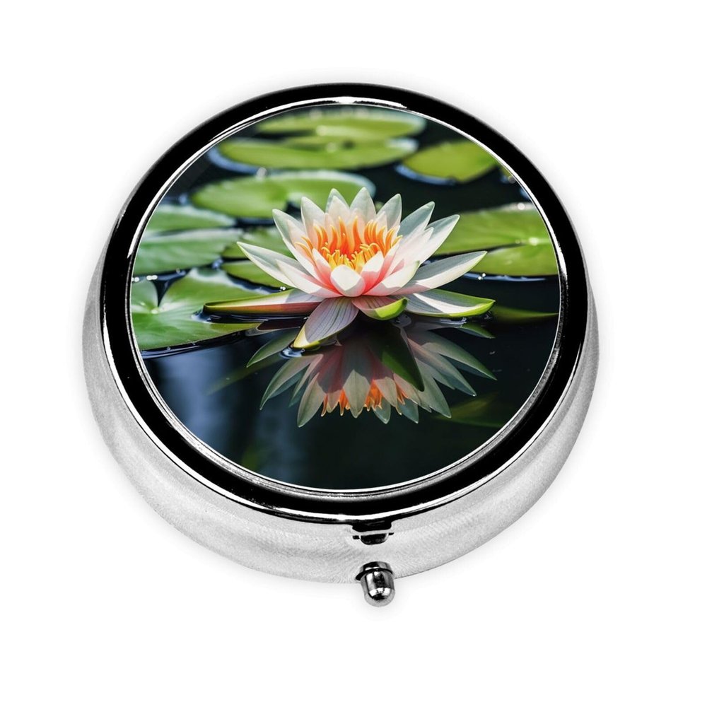 Water Lily Print Pill Box 3 Compartment Small Pill Case with Mirror Pill Organizer for Outdoor Travel Pocket Purse