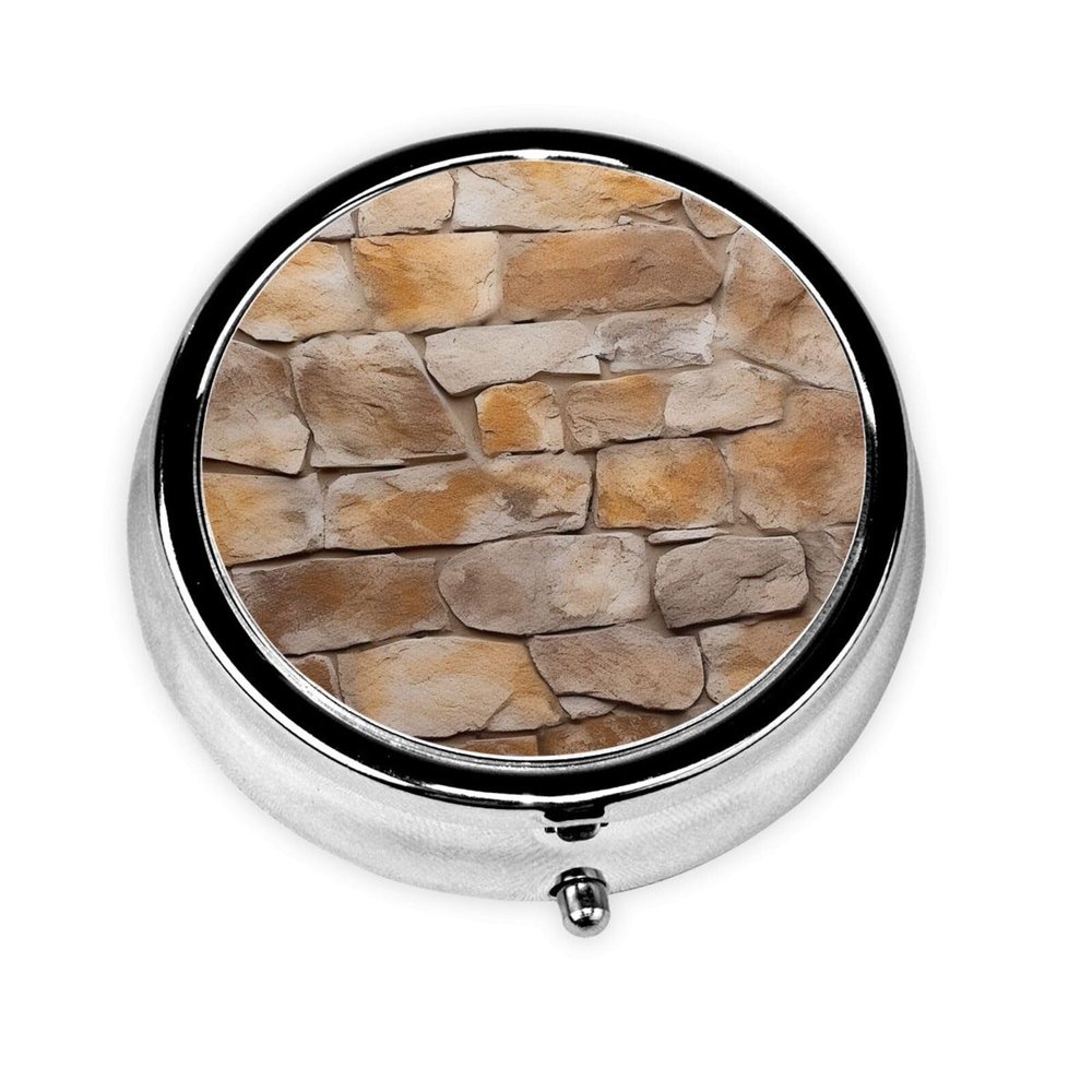 Wall Texture Print Pill Box 3 Compartment Small Pill Case with Mirror Pill Organizer for Outdoor Travel Pocket Purse