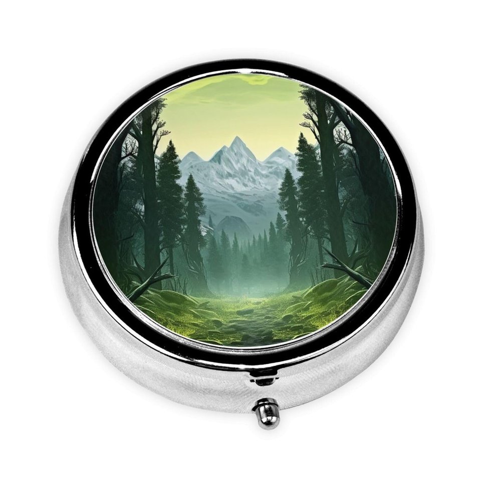 Wilderness Print Pill Box 3 Compartment Small Pill Case with Mirror Pill Organizer for Outdoor Travel Pocket Purse