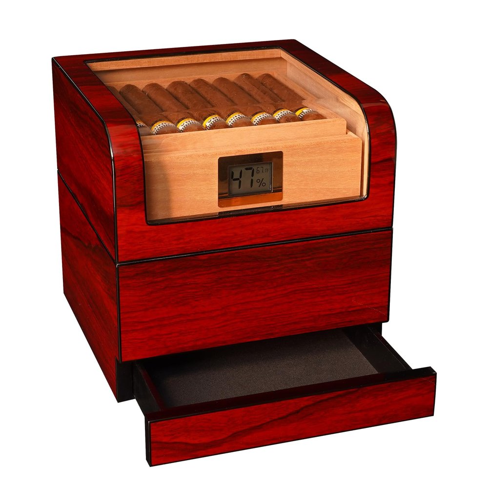 WJ 1983 Cigar Humidor, Glass Top Humidor, Cigar Humidor Box with Digital Humidifier,Spanish Cedar Wood Cigar Humidors for 50-100 Cigars,Present for Men, Father and Husband-Brown