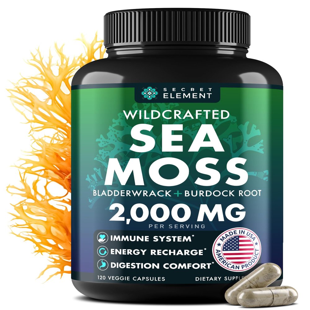 Secret Element Sea Moss Capsules with Burdock Root, Bladderwrack & Muira Puama  Plant-Based Sea Moss Supplement with Raw Powder  120 Capsules