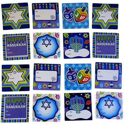 16 Full Color Hanukkah Gift Tags - Self Stick - Menorah, Star of David, Dreidels