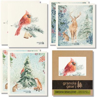 Home by GranolaGear-Christmas Swedish Dishcloths for Kitchen 6-Pack Reusable Paper Towels, Eco-Friendly, Compostable, Biodegradable Dish Wash Cloth Sponge, Holiday Watercolor Snow Art-Winter Cardinal