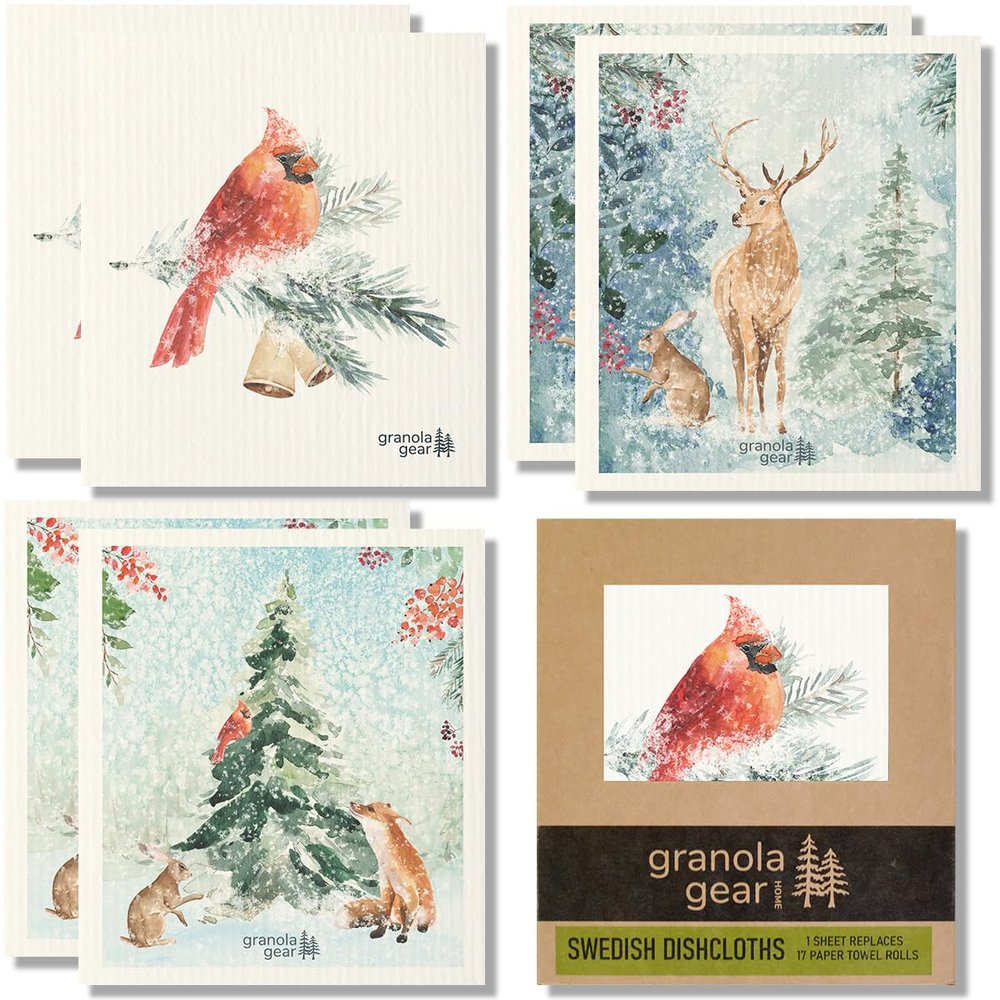 Home by GranolaGear-Christmas Swedish Dishcloths for Kitchen 6-Pack Reusable Paper Towels, Eco-Friendly, Compostable, Biodegradable Dish Wash Cloth Sponge, Holiday Watercolor Snow Art-Winter Cardinal