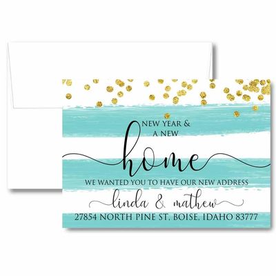 Personalized Stripes Script Change of Address Card with Envelopes,Teal Faux Gold Glitter New Years Moving Card, New Year and a New Home We've Moved Stationery, Confetti We Moved New Year Announcement