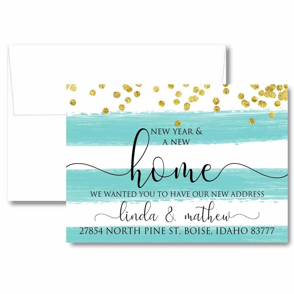Personalized Stripes Script Change of Address Card with Envelopes,Teal Faux Gold Glitter New Years Moving Card, New Year and a New Home We've Moved Stationery, Confetti We Moved New Year Announcement