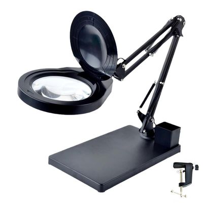 10X Magnifying Glass with Light and Stand, 5" Large Optical Glass Lens, 3 Color Modes Stepless Dimmable, Adjustable Swivel Arm Desk Magnifier for Hobby Reading
