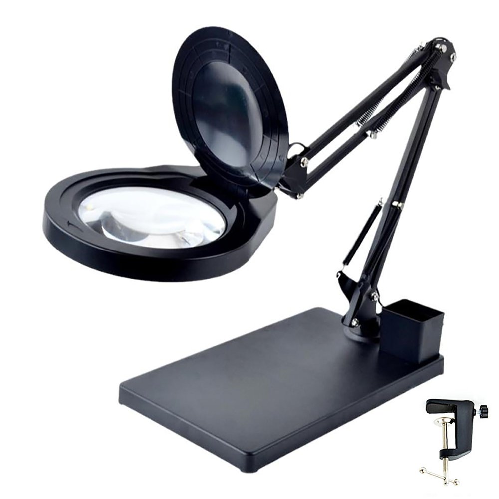 10X Magnifying Glass with Light and Stand, 5" Large Optical Glass Lens, 3 Color Modes Stepless Dimmable, Adjustable Swivel Arm Desk Magnifier for Hobby Reading