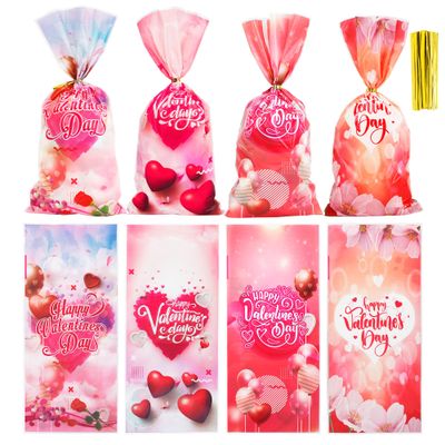 100 Pack Valentine Treat Bags,Valentines Cellophane Treat Bags, Plastic Valentines Goodie Bag Candy Cookie Bakery Heart Clear Gift Bag for Valentine's Day Holiday Wedding Party Favors Supplies