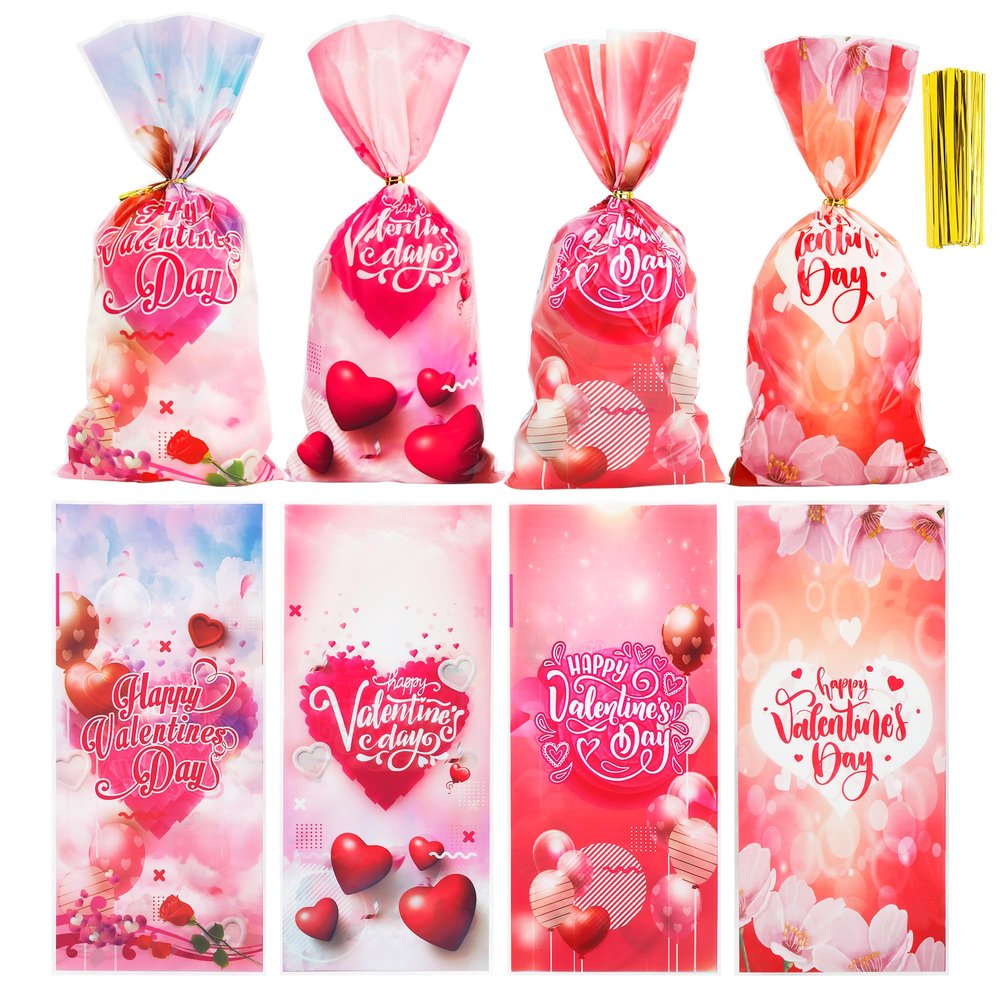 100 Pack Valentine Treat Bags,Valentines Cellophane Treat Bags, Plastic Valentines Goodie Bag Candy Cookie Bakery Heart Clear Gift Bag for Valentine's Day Holiday Wedding Party Favors Supplies