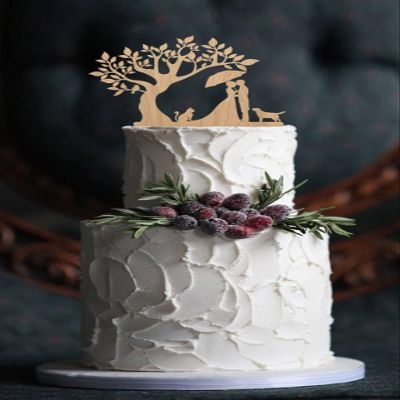 TiTaicor Silhouette cake topper wedding bride and groom kissing with dog and cat cake topper tree wedding topper Rustic Cake Topper for Birthday Engagement Anniversary Wedding Shower Supplies.