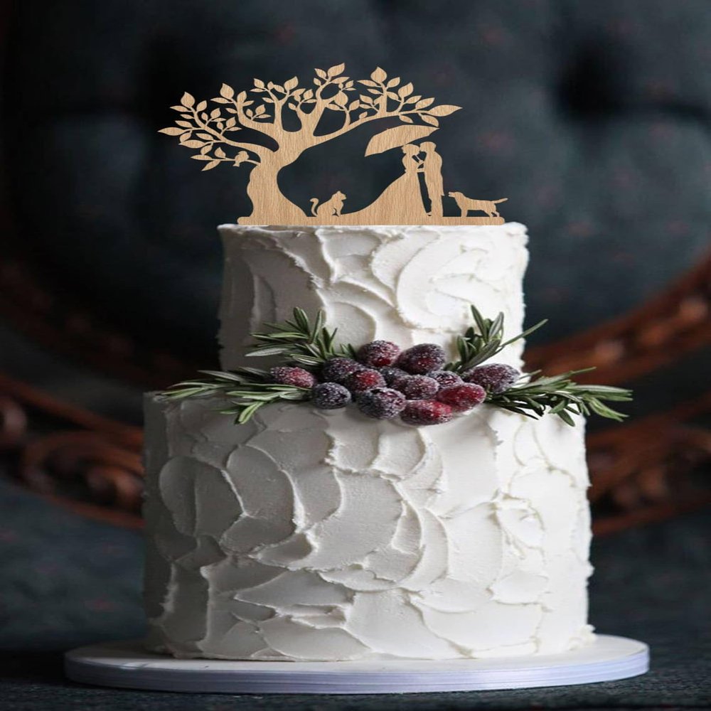 TiTaicor Silhouette cake topper wedding bride and groom kissing with dog and cat cake topper tree wedding topper Rustic Cake Topper for Birthday Engagement Anniversary Wedding Shower Supplies.