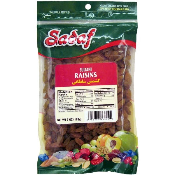 Sadaf Sadaf Sultani Raisins - Dried Sultanas for Cooking and Food Flavoring - Middle Eastern Cuisine - Nutritious Snack - 7 Oz Resealable Bag