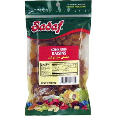 Sadaf Golden Jumbo Raisins - Golden Sultanas for Cooking and Food Flavoring - Middle Eastern Cuisine - Nutritious Snack - 7 Oz Resealable Bag