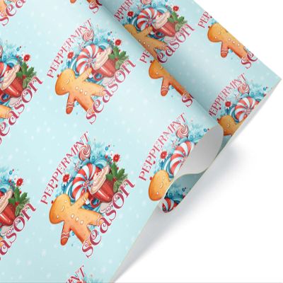 Festive Peppermint Season Thick Wrapping Paper, Gingerbread Man Poinsettia Holiday Gift Wrap, Hot Cocoa Theme for Grandchild (12 foot x 30 inch roll)